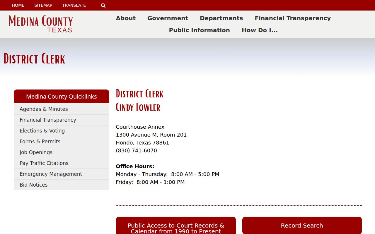 Medina County District Clerk office information for district court warrant records