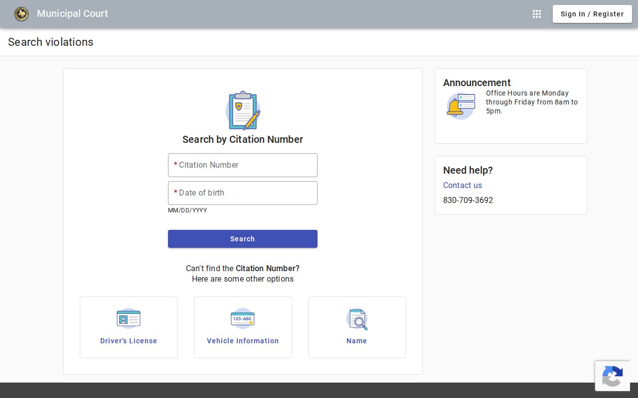 Lytle municipal court portal search fields and tabs