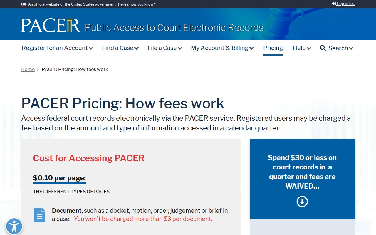 PACER federal court access pricing information