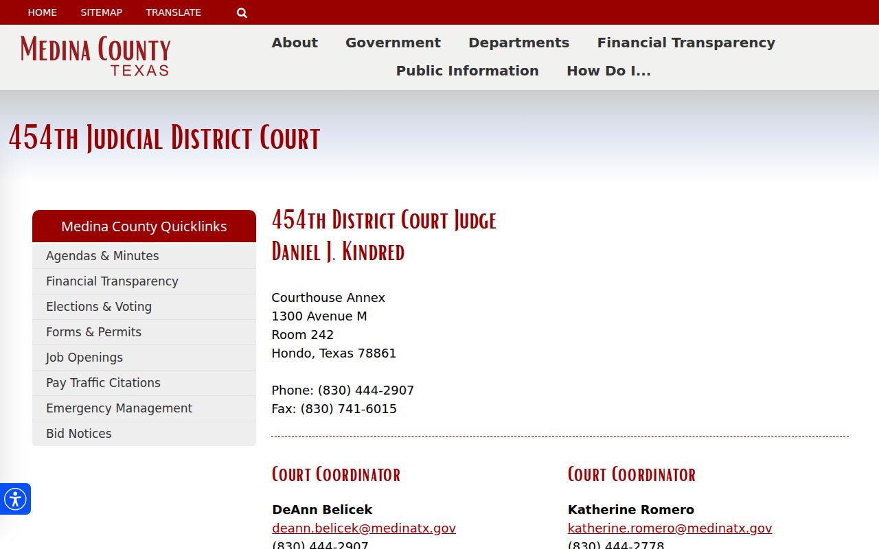 Medina County 454th District Court information for arrest warrant records